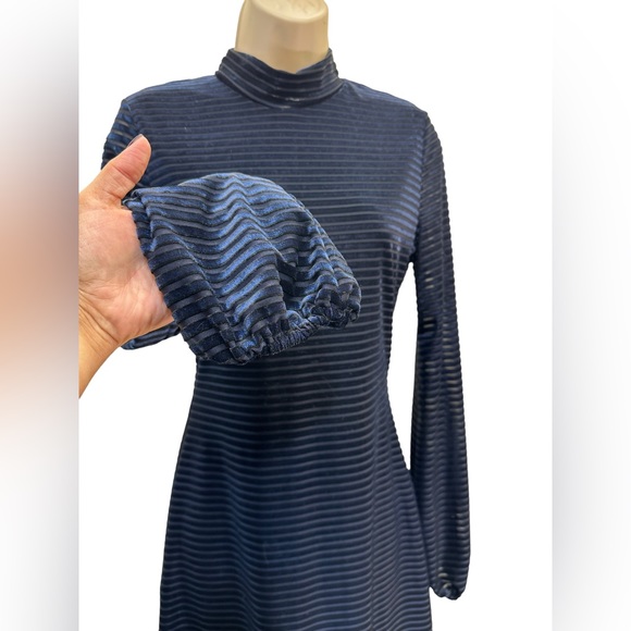 Lulus Ticket to Chic Navy Blue Striped Velvet Balloon Sleeve Dress - Picture 11 of 13